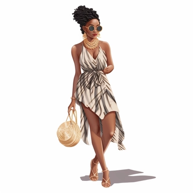 black modern woman with braids, full body wearing summer dress with sandals clipart