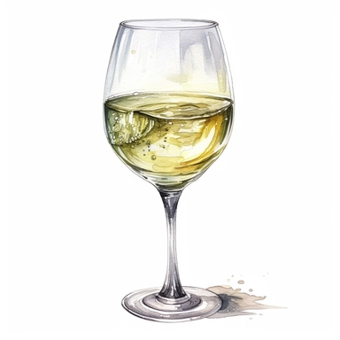 hand drawn glass of white wine, glamorous, very detailed and realistic, watercolor, white background with margins, clipart style