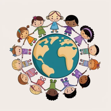 toddlers of every nationality holding hands in a circle around the planet earth, clipart style, vector, logo, cute, golden, purple, teal, pink, lite blue, picture book style, children's lesson book, captivating, kid friendly cute character, black and white, coloring book style, cartoon style, vector image, simple, line art style, character, white background