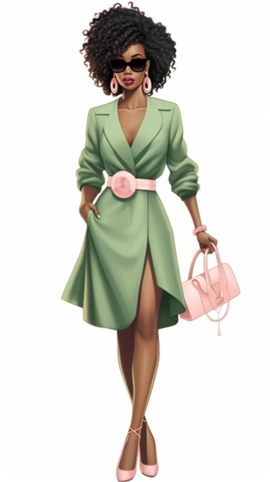 Faceless clipart, Boss girl clipart, Fashion illustration, African American clipart, Look Clipart, Fashion clipart, Black woman clipart, pink and green toned, royal, cartoon, painting