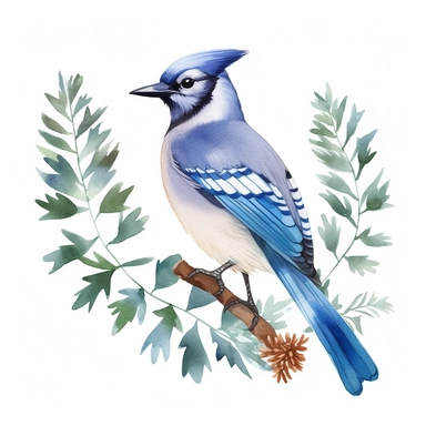 Minimalistic foliage clipart, blue jay,single design, watercolor, vector