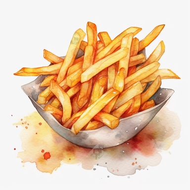 High Detail clipart of Fries, no sauce, no lines, no outlines, clipart, featured on dribble, american Dinner clipart, minimalist, computer vector graphic design clip art, watercolor illustration clipart, watercolour clipart, watercolor illlustration for Recipe Books, book illustration, print on demand image, PNG tranparent background