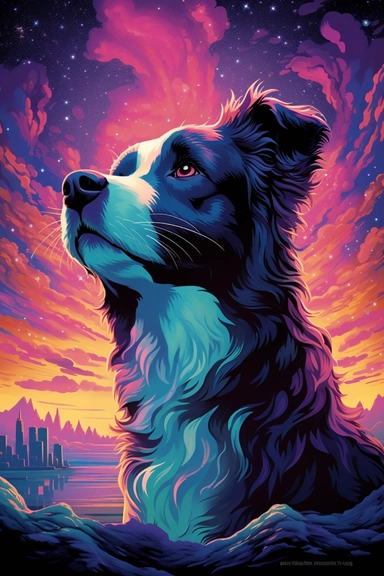 render a work of art, dan mumford style enhanced, colors, oneiric, Border Collie Dog Breed, Border Collie Dog Breed above the clouds, intricate detail, surrealism, oil painting, angelic, ecstatic, aged, ethereal, impossible, otherworldly, surface detail, global illumination, beautiful color gradation, pastel colors,day, daily, no bad image, cartoon, game style, glitch, clipped, jpeg artifacts, blurry, thick, elongated, curved, dry, crooked, uniform proportions.