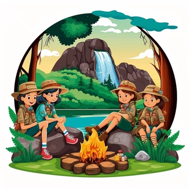 girl scout group sitting around fireplace with tent in the forest mountains and river in the background clipart no text
