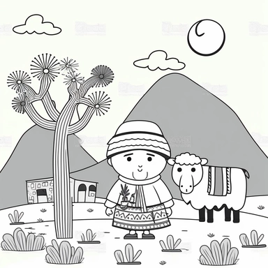 Landscape, simple, traditional costume, local food, animal, educational, history, and cultural diversity, clipart style, cute, picture book style, captivating, kid friendly cute character, black and white, coloring book, not color style, cartoon style, vector image, simple, line art style, character, white background, no noise, crisp thick lines, outline art, more white than Black