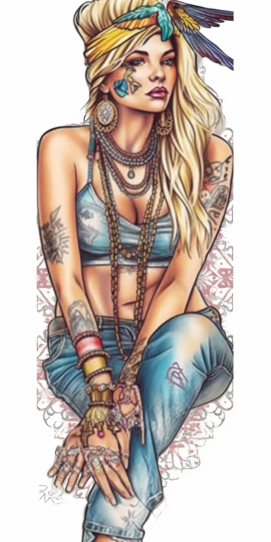 woman in fashion pose, Bohemian, exotic, blue eyed and blonde haired woman with a headband with flowers and feather, cowboy boots, lotus choker, large earrings, tattoos, hands in prayer, wearing her heart on her sleeve, watercolor illustration on white background, watercolor clipart on white background, watercolor sticker on whtie background, in th e style of Job ID: 604300f4 - 6984 - 4a9a - aa16 - 00313a985d77 Seed: 1300855054