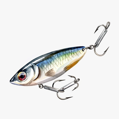 Watercolor fishing lure clipart, white isolated background, space out, hd