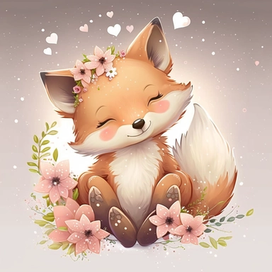 little baby fox, with hearts flying, smiling, flowers, with lights, cute, clipart, kawaii, disney, detailed, ultra high definition