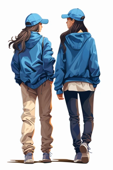 two fullbody women on their backs looking forward , wearing blue short, baseball hat and jackets, clipart