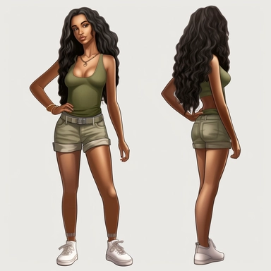 beautiful black teenage girl with beautiful long hair to her waist, dressed casually. Full perspective and, long shot A young black woman with full lips and a big beautiful smile, dressed in khaki shorts and a tank top, has long hair and beautiful shapely legs, wearing heels, clipart in the style of digital airbrushing, feminine sticker art, dollcore, realistic face, realistic body, glamorous,