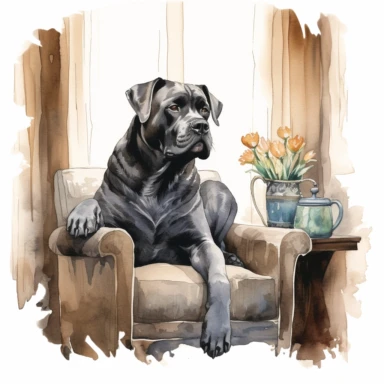 Cane Corso lounging in a cozy corner of a rustic home, reflecting its calm and relaxed demeanor, white background, watercolor clipart.