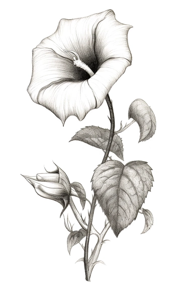 line drawing clipart of a single morning glory in black and white, coloured in