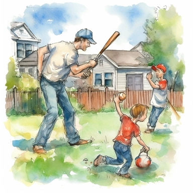dad playing baseball with the kids in the backyard, clip art, watercolor style--q2--v5.1--s1000