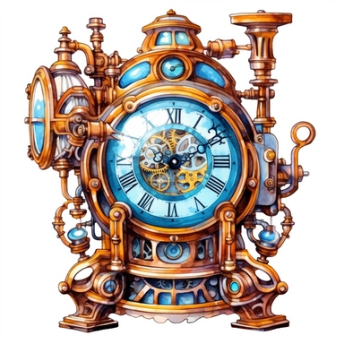 watercolor steampunk clock image, steampunk, sky blue, intense colors, luxurious, victorian, clipart, watercolour, white background, detailed