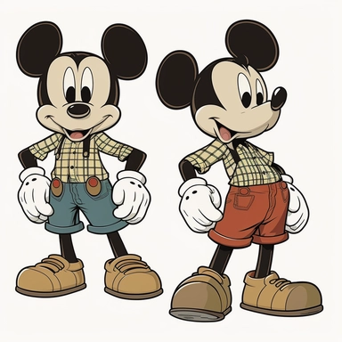 Disney style full-body Mickey Mouse 2x2 character concepts, Disney cartoon style art, adorable eyes, classic 2D vector art with white background, high detail, clean lines, solid white background, clipart, clip art, bright colors