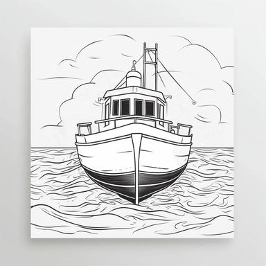 coloring page for kids of boat, white neutral background, clean line art, low details , 1,5px thick black lines, clipart