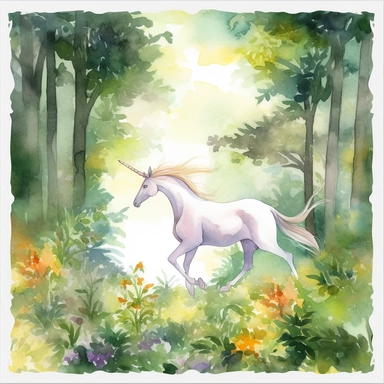 watercolor clipart of a unicorn trotting through an enchanting forest, surrounded by lush trees, blooming flowers, and rays of sunlight filtering through the foliage, Capture the sense of magic and adventure, high resolution, white background--ar3.2--s1000