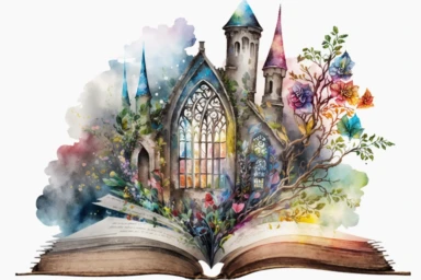 Watercolor Fantasy Books Clipart, Open Book Clip Art, old books, in the style of technicolor dreamscape,Magic Books, hd, on white background, no text, magical, flowers, castle, house