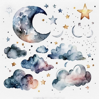 clouds, moon,stars, watercolor,all white background, clipart