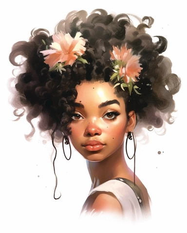 a melanin girl portrait in watercolor Disney style clipart on white background, hugh eyes, sarah kay, holly hobbies, valentines day