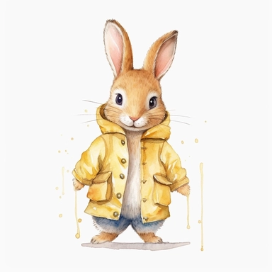 Watercolor svg clipart of a cute cartoon adorable Peter rabbit kawaii animal, illustration by Beatrix potter , pastel yellow jacket, png isolated on white background