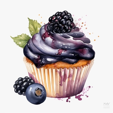 watercolor black berry cupcake clipart, hd