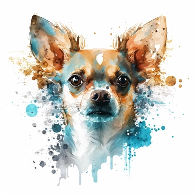 the Chihuahua is painted beautifully with watercolor splashes, in the style of light azure and dark amber, uhd image, avacadopunk, ferrania p30, elegant, emotive faces, high resolution, symmetrical, white background, no overflow, clipart