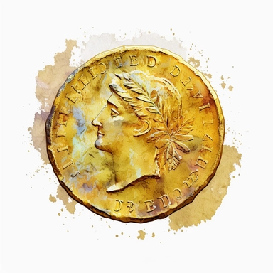 golden coin, dollar, watercolor, clip art, white background,