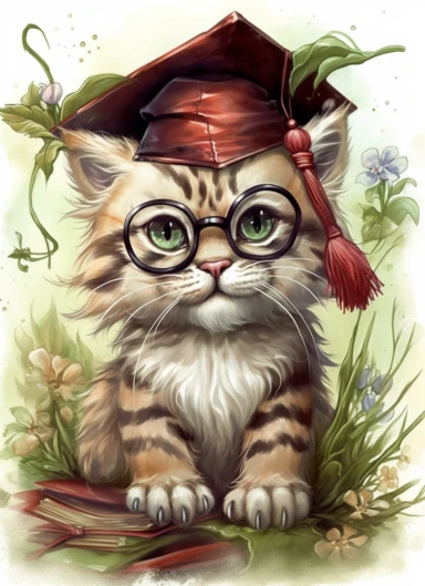 clipart,a cute little tiger in a field with a mortar board on its head wearing glasses on its neck,in the style of jody bergsma, 32k uhd, hand-painted details, charming character illustrations, dark brown and light beige,red/green, aquarellist, hd , white background clipart