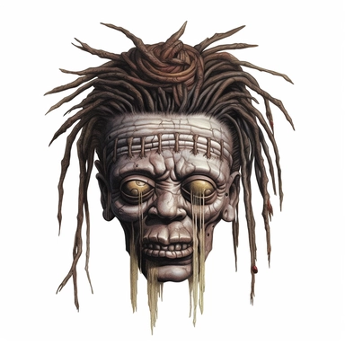 a voodoo shrunken head with mouth and eyes stitched shut, calm expression, dark shrivelled skin, pastel, photorealistic, hyper realistic, ultra high-detail, dark outlines, white background, clipart,