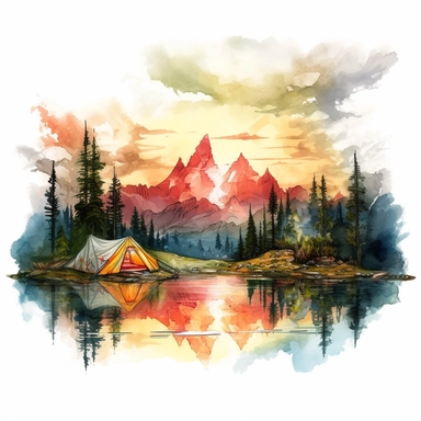 white background,retro matt watercolor,HD day camp with a sun over the mountains and trees,maybe a lake,in the style of vibrant illustration,baroque chiaroscuro drama,multilayered realism,tonalist skies,detailed campsite,fantasy realism,colorful,clipart