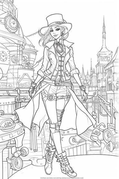 laughing steampunk girl in hat, smiling, flirtateous look at the camera, full body view, proportional hands, five fingers, white hair, beautiful hands, japanese anime style, steampunk city skyline in the background, league of legend style , black and white, line art, coloring page, printable, thin lines, no details, no shadow, crisp lines, illustration, vector, clipart