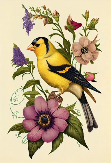 Flower Clipart American Goldfinch Botanical Illustration Art