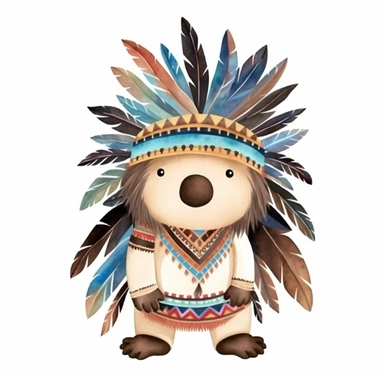 A super-cute tribal porcupine, watercolor illustration, Perfect for nursery art and children's book illustration style, simple, clipart, single object, white background for removing background