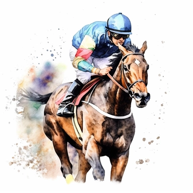 Horse racing, highly detailed, watercolor, clipart, illustration, white background, digital painting, paper crafting, no signature, no text