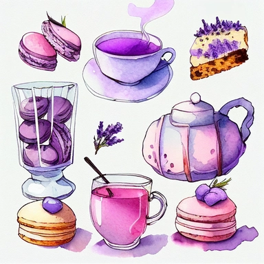 Draw a set of cartoon - style watercolor illustrations of a lavender - themed afternoon tea in shades of purple and pink. The images should have a elegant, refined, and sweet aesthetic, incorporating elements such as lavender - scented desserts, teas, and other culinary items such as macarons, scones, and a teapot. Individual images cliparts