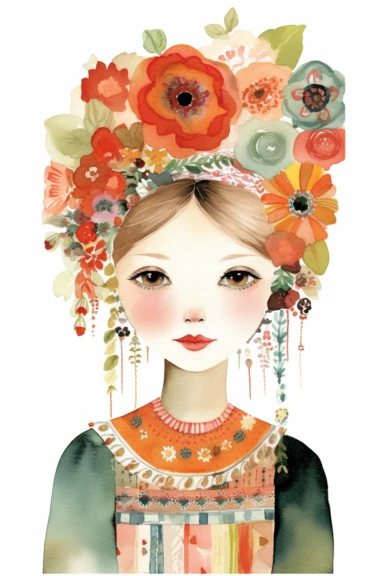 vintage watercolor mixed media, patchwork, folk art flower maiden flat painted artwork illustration clipart on white background kelly rae roberts