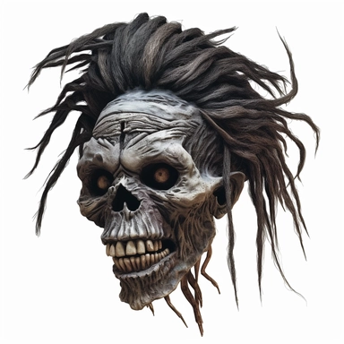 a realistic voodoo shrunken head, pastel, photorealistic, hyper realistic, ultra high-detail, dark outlines, white background, clipart,