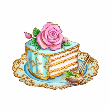 Make a clipart of a fairytale watercolor french country white cake slice on a dish on a table, rococo, with bright pastel colors of turquoise and green, pink roses, gold accents, black outlines, hd, white background