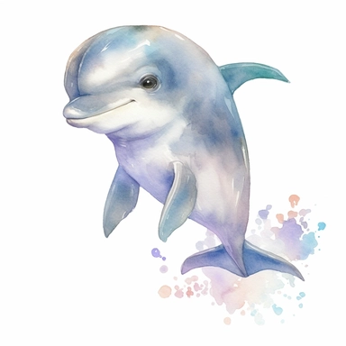 a pastel baby dolphin with kind eyes clipart with watercolor illustration,full body shot,8k,etsy style, white background