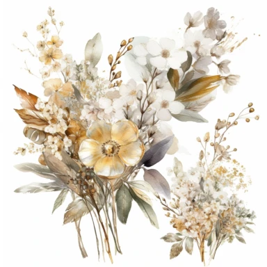 intricate three small bouquets of different white wild fall flowers with golden detail watercolor clipart, luxurious textures, nature-inspired pieces, very high resolution, white background