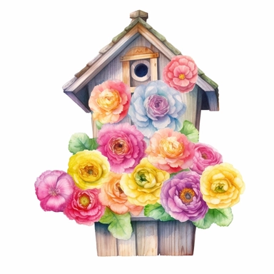Design a dreamy watercolor clipart of japanese-inspired A mix of vibrant ranunculus flowers in a Wooden birdhouse planter composition, hand-painted with soft and graceful brushstrokes. Draw inspiration from the artistic finesse of Ethereal Petals Watercolors for a refined and ethereal depiction. isolated on a white background, hand-drawn illustration, hand-painted watercolor texture, 16k UHD resolution, intricately detailed, sharp focal points, designed by Ana Victoria Calderon and Holly Exley, 