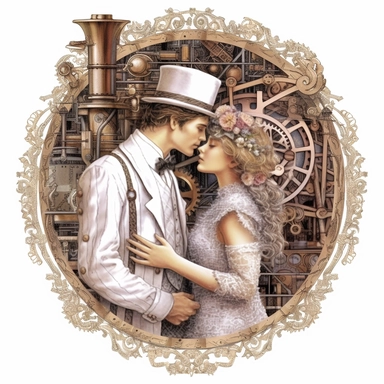 In the enchanting presence of a steampunk steam train, a couple's first kiss takes place, framed by the intricate gearwork and brass accents that adorn the classic locomotive, their love intertwined with the spirit of adventure. Ultra high quality, intricate detail, retro - futurism, pastel clipart, white background