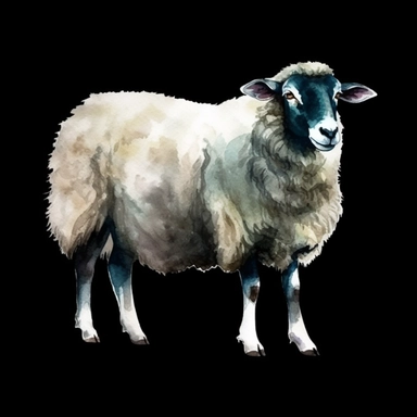 beautiful watercolor Clipart of a sheep full body isolated on a black background