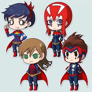Create a clipart of a group of anime kids dressed up as superheroes, each with their unique costume and powers. The leader of the squad could be a boy with a red and blue suit, resembling a spider, with webs shooting out of his wrists. Another member could be a girl with a green suit, able to control plants and trees. A third member could be a boy with a yellow suit, able to control lightning and electricity. The costumes should have bright colors and bold designs, with each character having the
