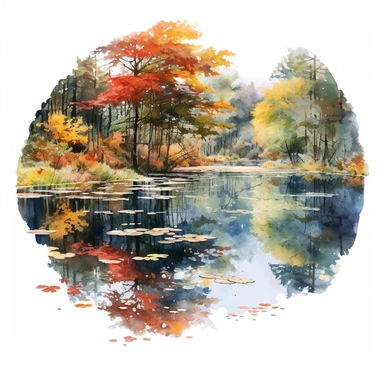 watercolor, hyper realistic, white background, white margins, 16k, ultra detailed clipart, cut out image, hand-drawn a tranquil pond nestled amidst the trees. Capture the reflection of the colorful foliage on the water surface, with fallen leaves floating gently.