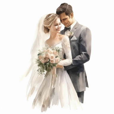 Wedding bride and groom, clipart, white background, in the style of elegant realism, muted and subtle tones, detailed painting, transparency and lightness