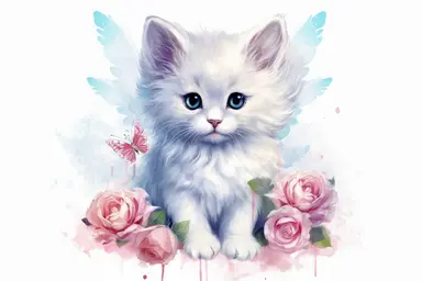 Adorable angel kitten, vivid colours, ornamental watercolor clipart, white background, I can’t believe how beautiful this is