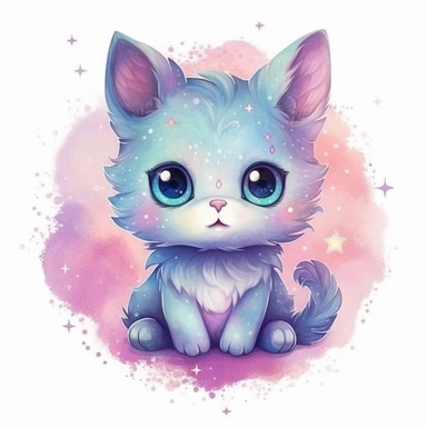 A drawing of a cute blue cat with blue eyes.