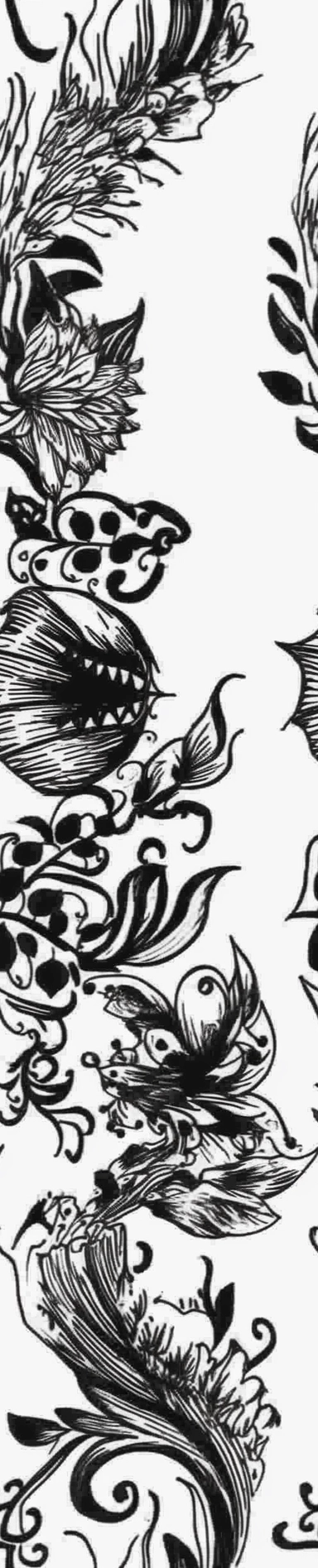 A black and white floral line henna continuous border. Super basic with no shading and in the clipart style with no detail. It should look like it was drawn with a thick marker and look like a vine with basic leaves sprouting off it.